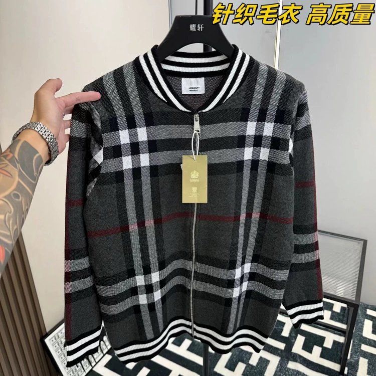 Burberry Knitted Sweater Splicing Checkered Cardigan Light Luxury Jacket Men's Trendy Brand | Yoyubu