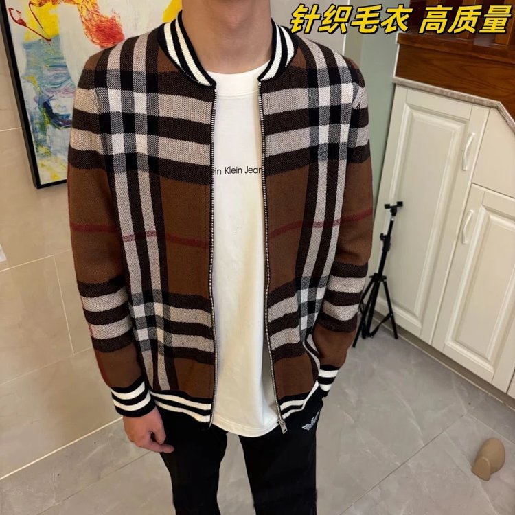 Burberry Knitted Sweater Splicing Checkered Cardigan Light Luxury Jacket Men's Trendy Brand | Yoyubu