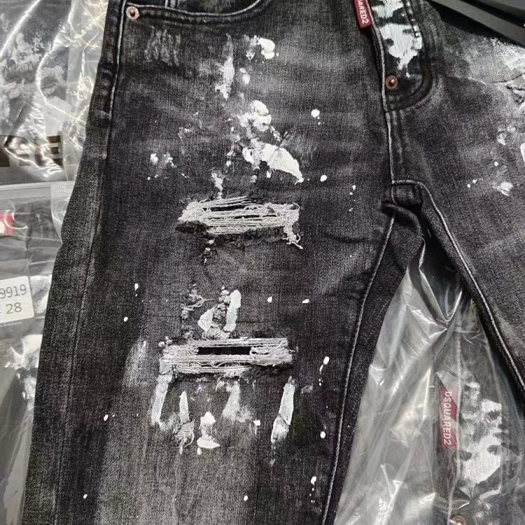 DSQUARED2  Knife cut ink ripped denim pants men's black light luxury straight leg slim fit pants |