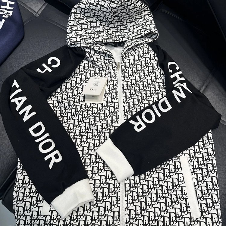 DIOR Light Luxury Full Print Spring and Autumn Coat unisex trendy brand cardigan hooded jacket | Yoy