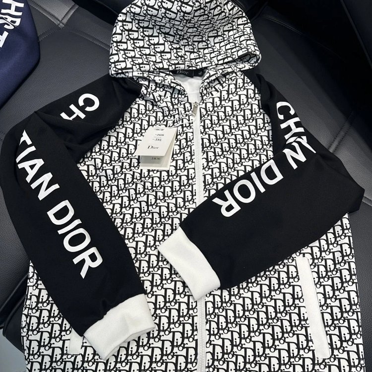 DIOR Light Luxury Full Print Spring and Autumn Coat unisex trendy brand cardigan hooded jacket | Yoy