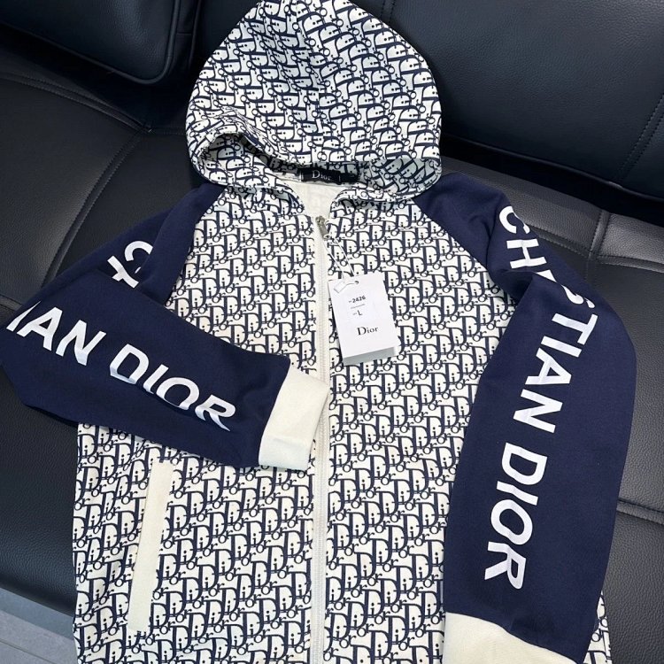 DIOR Light Luxury Full Print Spring and Autumn Coat unisex trendy brand cardigan hooded jacket | Yoy