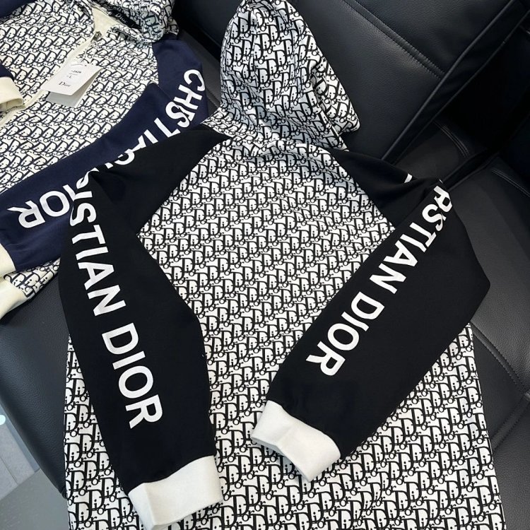 DIOR Light Luxury Full Print Spring and Autumn Coat unisex trendy brand cardigan hooded jacket | Yoy