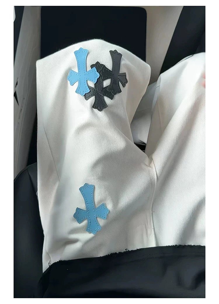 Chrome Hearts White Luxury Jeans Classic Leather Cross Men's and Women's Loose Straight Pants | Yoyu