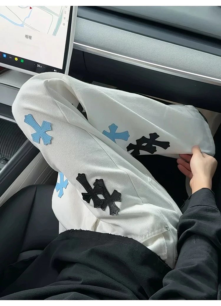 Chrome Hearts White Luxury Jeans Classic Leather Cross Men's and Women's Loose Straight Pants | Yoyu