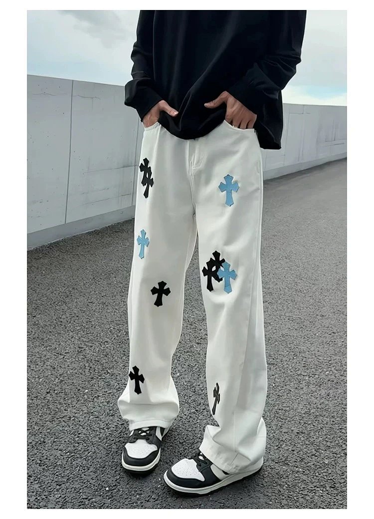 Chrome Hearts White Luxury Jeans Classic Leather Cross Men's and Women's Loose Straight Pants | Yoyu
