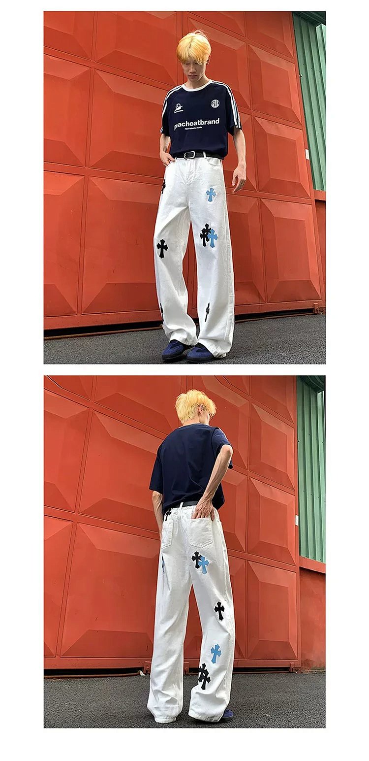 Chrome Hearts White Luxury Jeans Classic Leather Cross Men's and Women's Loose Straight Pants | Yoyu