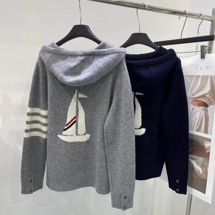 Sailing knitted cardigan sweater jacket with four stripes long sleeved top for both men and women