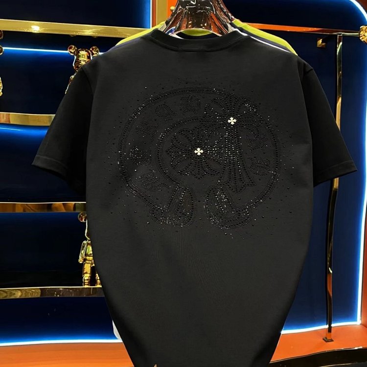 Chrome Heartst Hot Diamond Light Luxury Short Sleeve T-shirt Black Men's and Women's Same Style | Yo