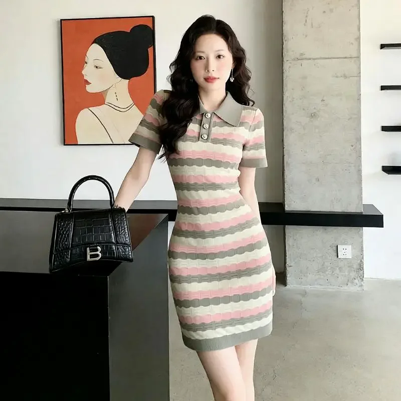 Summer new socialite small fragrant style striped French knitted dress | Yoyubuy Spreadsheet