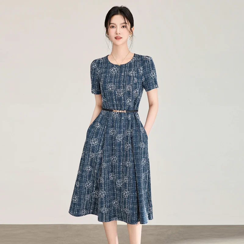 Summer New Product Light Luxury Camellia Jacquard Knitted Tencel Waist slimming Dress