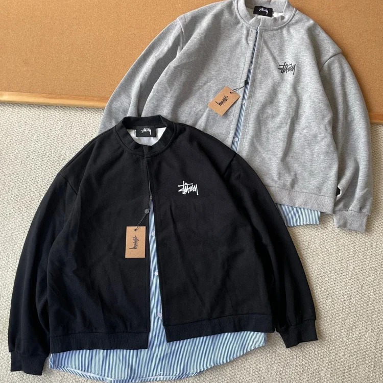 26SS Stussy Classic Retro Series College Style Striped Splicing Fake Two-piece Cardigan Jacket