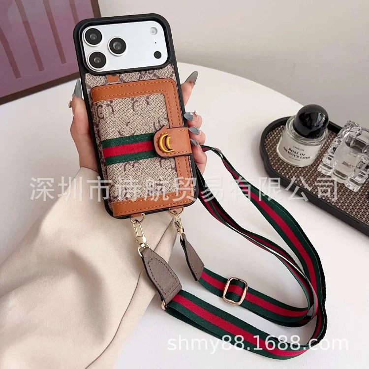 Leather luxury cross-body suitable for Apple 16promax mobile phone case trendy brand ihone17 advanced card holder protective cover