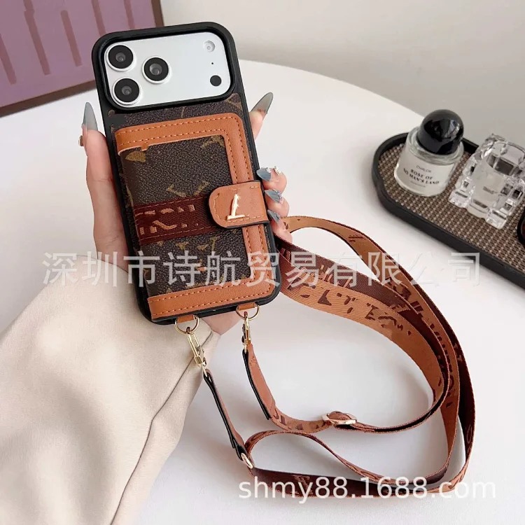 Leather luxury cross-body suitable for Apple 16promax mobile phone case trendy brand ihone17 advanced card holder protective cover