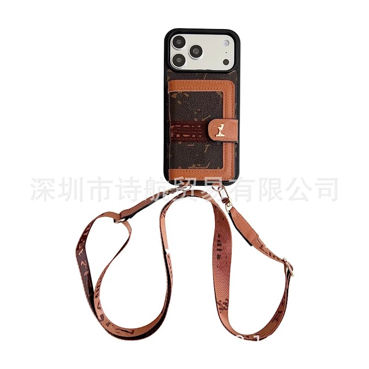 Leather luxury cross-body suitable for Apple 16promax mobile phone case trendy brand ihone17 advanced card holder protective cover