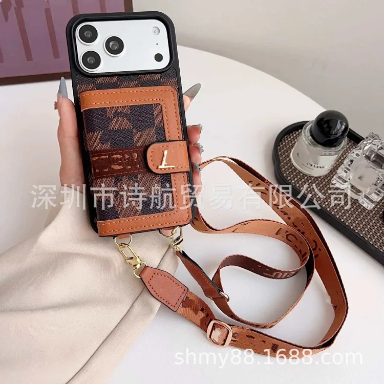 Leather luxury cross-body suitable for Apple 16promax mobile phone case trendy brand ihone17 advanced card holder protective cover