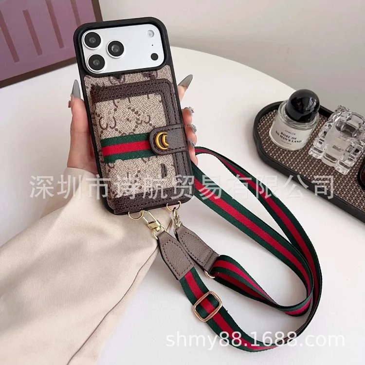 Leather luxury cross-body suitable for Apple 16promax mobile phone case trendy brand ihone17 advanced card holder protective cover