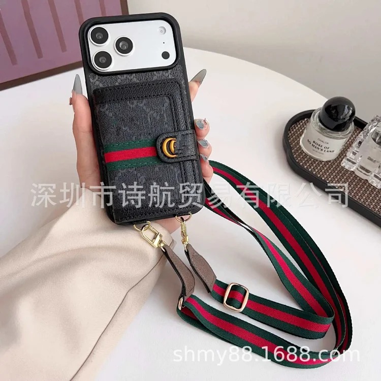 Leather luxury cross-body suitable for Apple 16promax mobile phone case trendy brand ihone17 advanced card holder protective cover