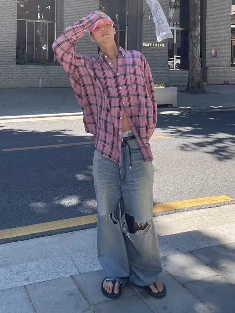 Our Legacy OurLegacy Pink Plaid Lazy Style Shirt Pleated Casual Loose Versatile Shirt